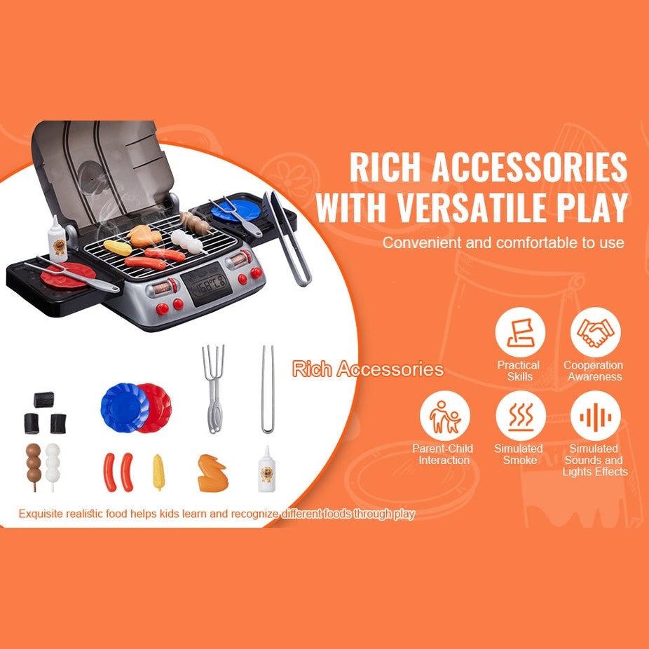 Kids BBQ Grill Toy Set with Pretend Smoke Sound Kitchen - Ohberri
